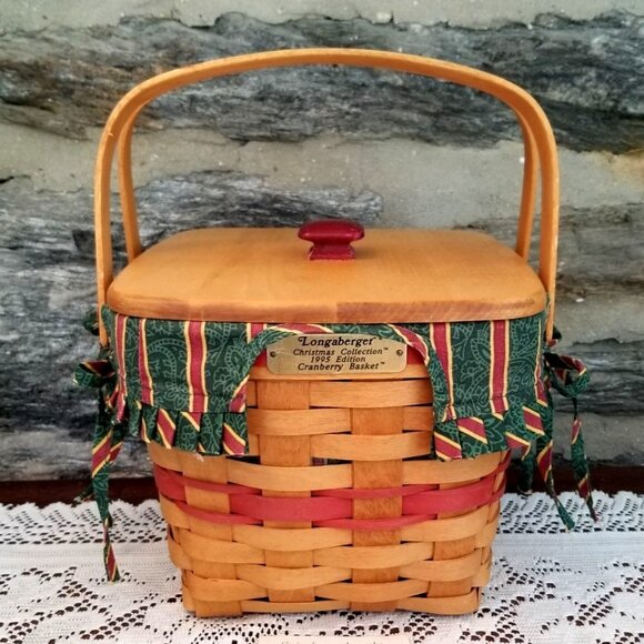 Longaberger 1995 Red Cranberry Basket Combo Christmas Collection Lid 2 Liners, B - Picture 6 of 7